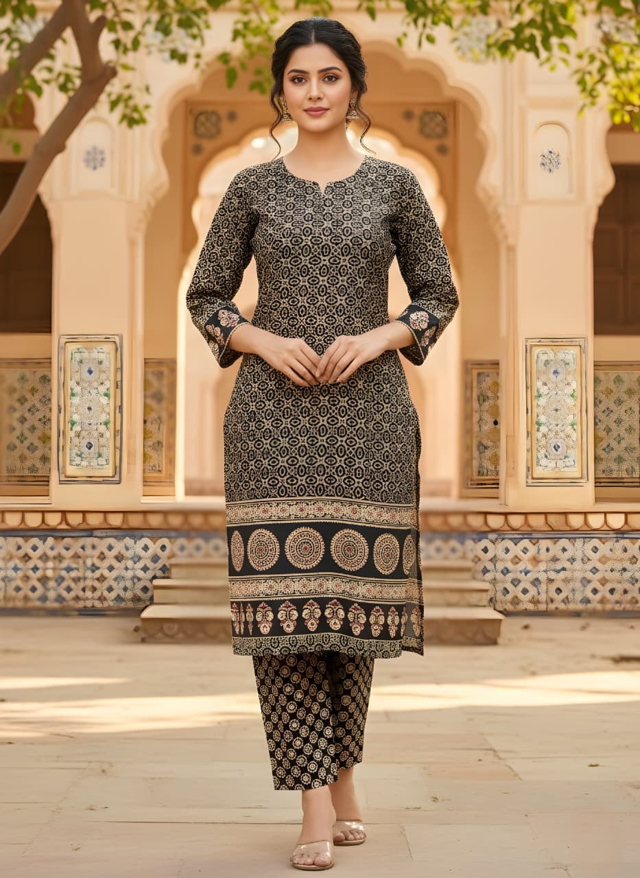 Printed Maroon Kurti Pant Set – Ajrak Print-Elegant Daily Wear for Women