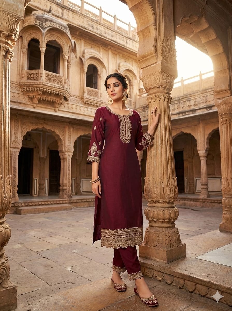 Printed Maroon Soft Silk Kurti Pant Set – Elegant Daily & Festive Wear