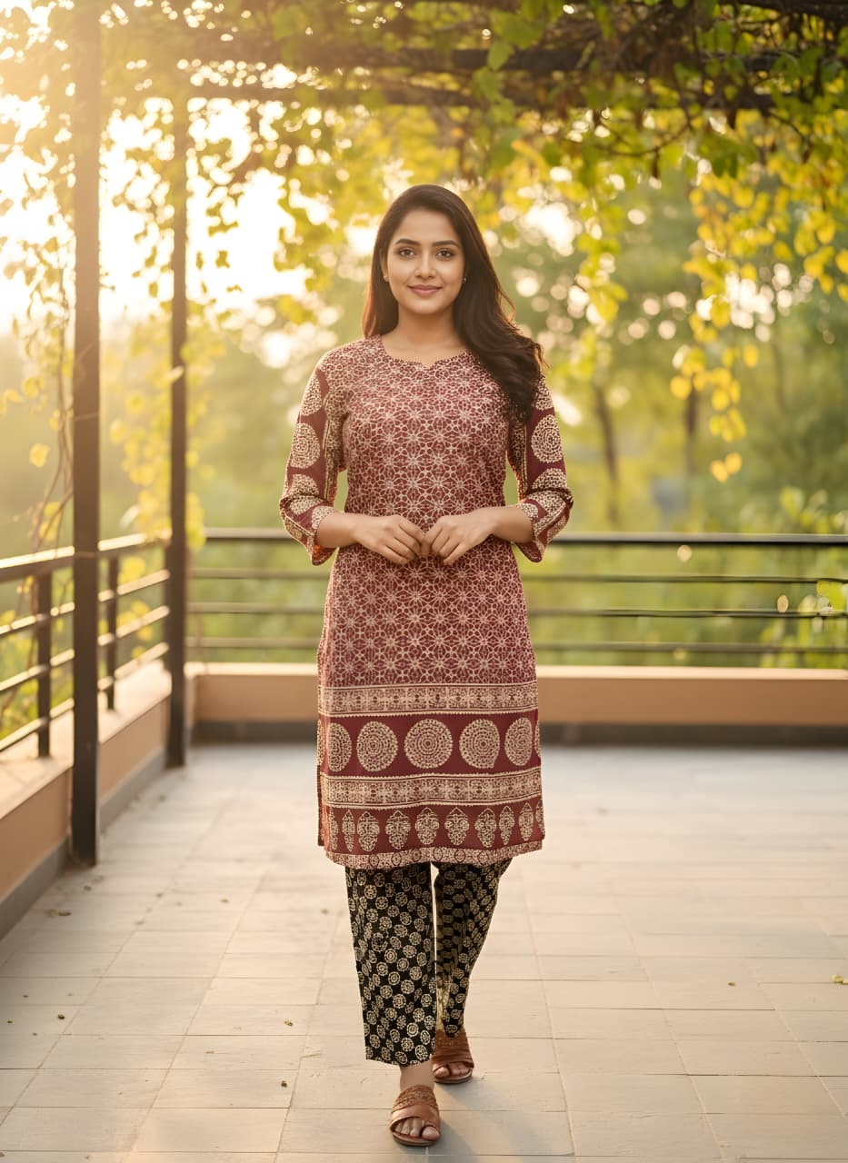 Printed Maroon Kurti Pant Set – Ajrak Print-Elegant Daily Wear for Women