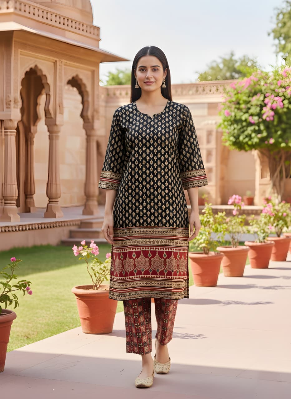 Printed Maroon Kurti Pant Set – Ajrak Print-Elegant Daily Wear for Women
