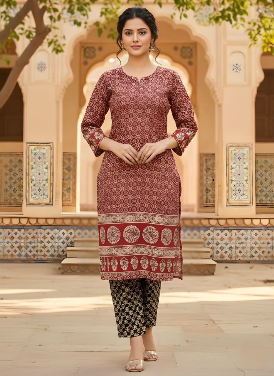 Printed Maroon Kurti Pant Set – Ajrak Print-Elegant Daily Wear for Women