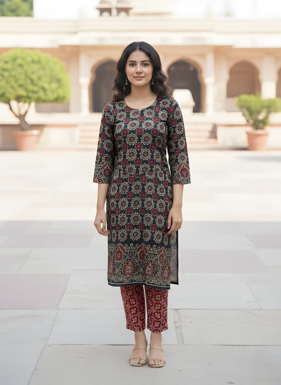 Printed Maroon Kurti Pant Set – Ajrak Print-Elegant Daily Wear for Women