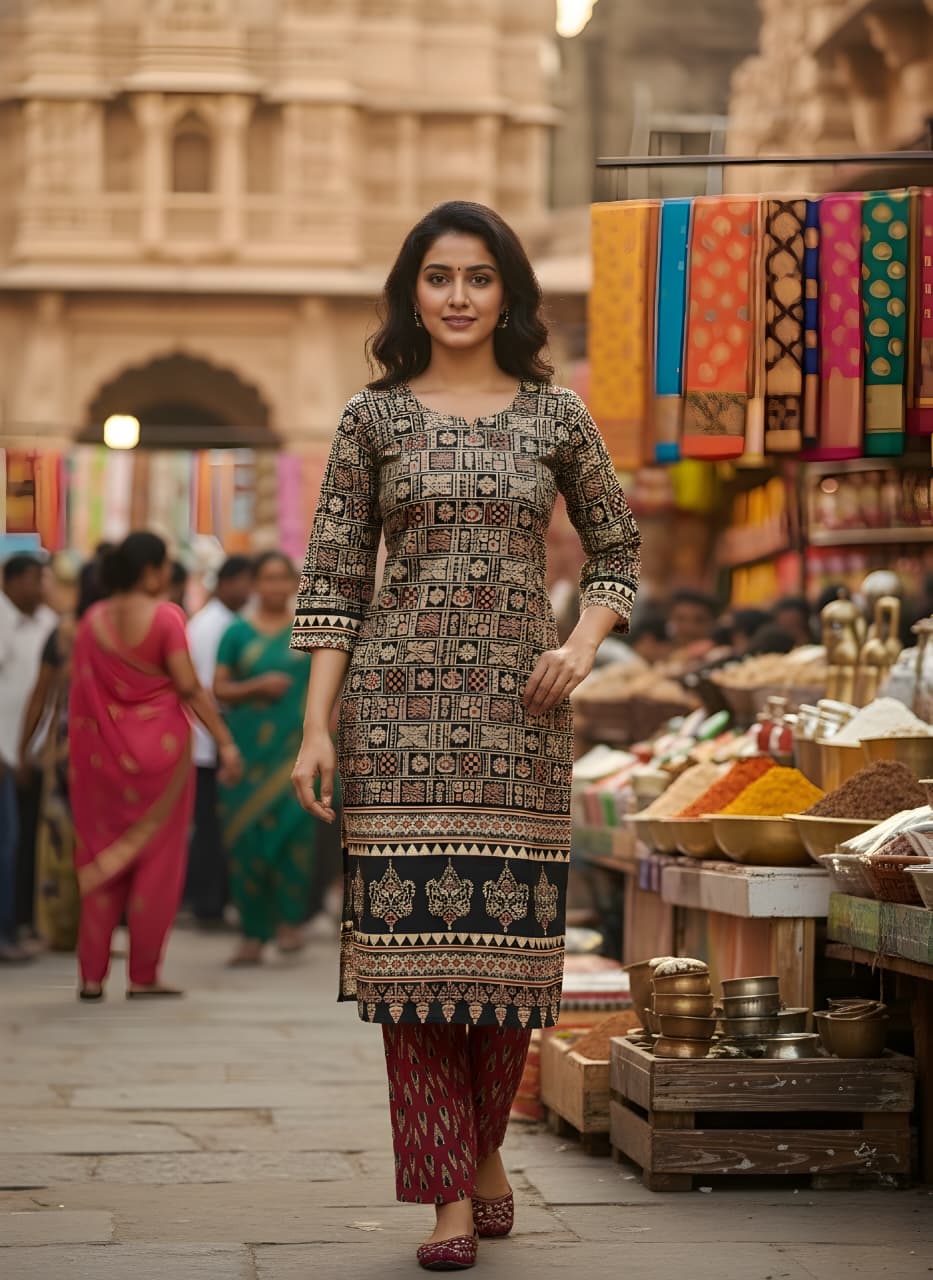 Printed Maroon Kurti Pant Set – Ajrak Print-Elegant Daily Wear for Women