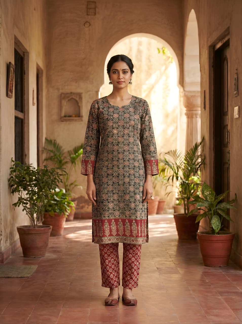 Printed Maroon Kurti Pant Set – Ajrak Print-Elegant Daily Wear for Women