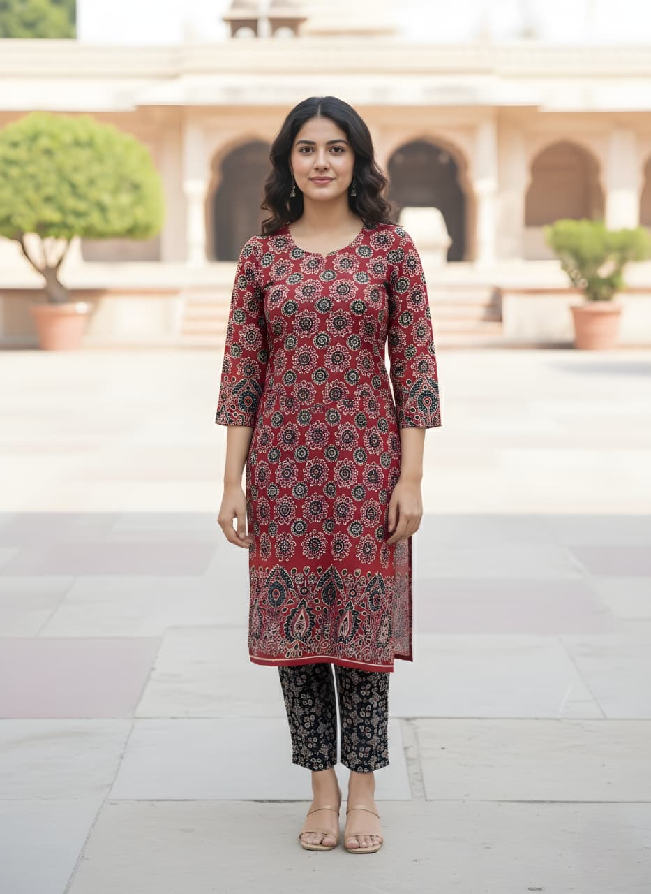 Printed Maroon Kurti Pant Set – Ajrak Print-Elegant Daily Wear for Women