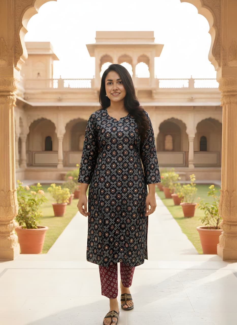 Printed Maroon Kurti Pant Set – Ajrak Print-Elegant Daily Wear for Women