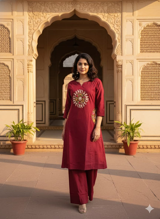 Elegant Embroidered Cotton Kurti Set with Stylish Pocket