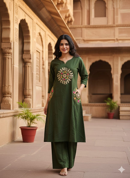 Elegant Embroidered Cotton Kurti Set with Stylish Pocket